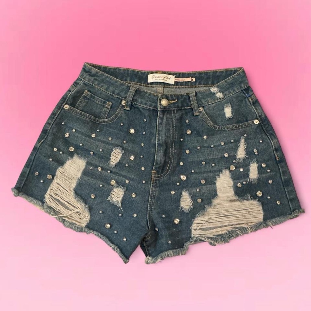Pearl-Embellished Distressed Blue Jean Shorts - Picture 1 of 5